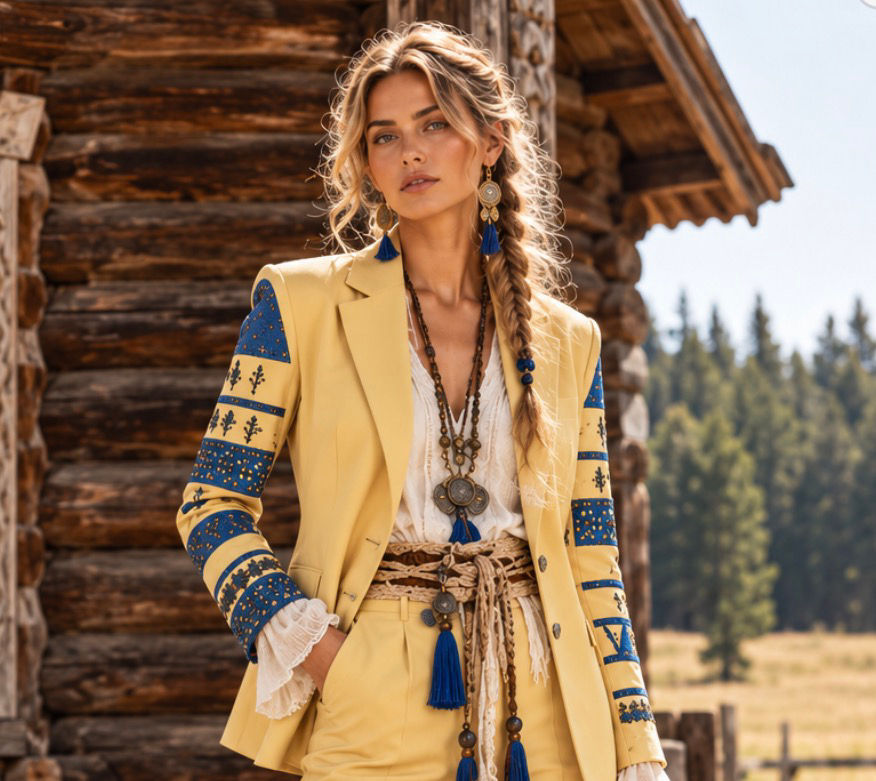 Boho Folk Women’s Suit Costume – Mezen Horse Embroidered Pantsuit