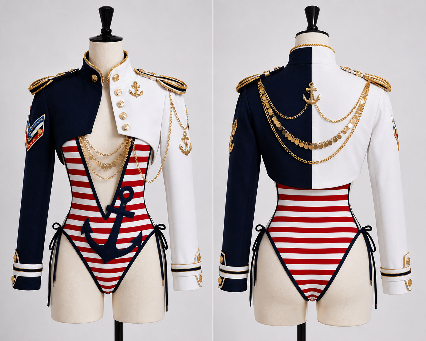 Sailor Showgirl Costume with Military Jacket & Striped Bodysuit