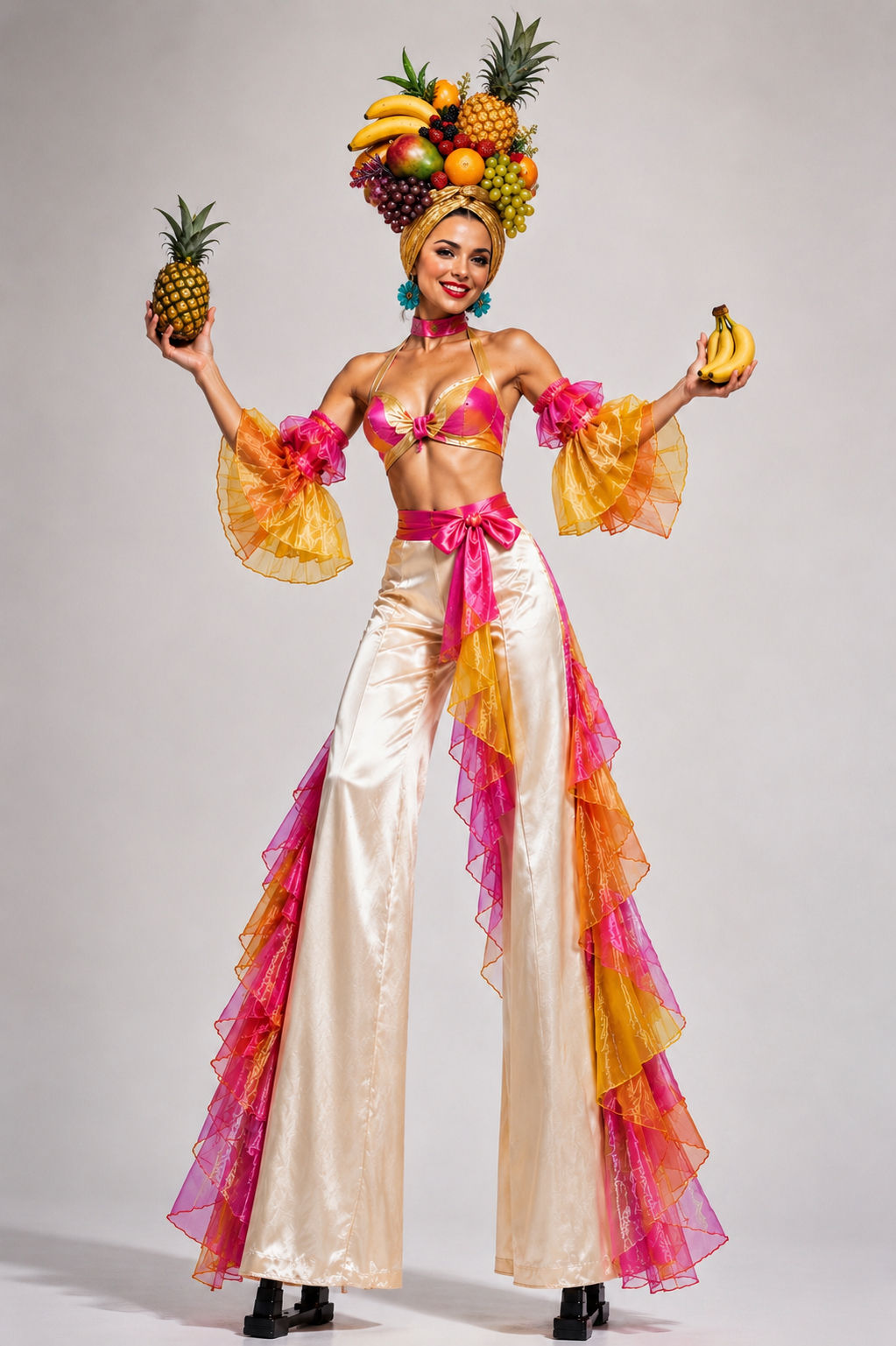 Tropical Fruit Stilt Walker Costume with Carmen Miranda Inspired Headpiece
