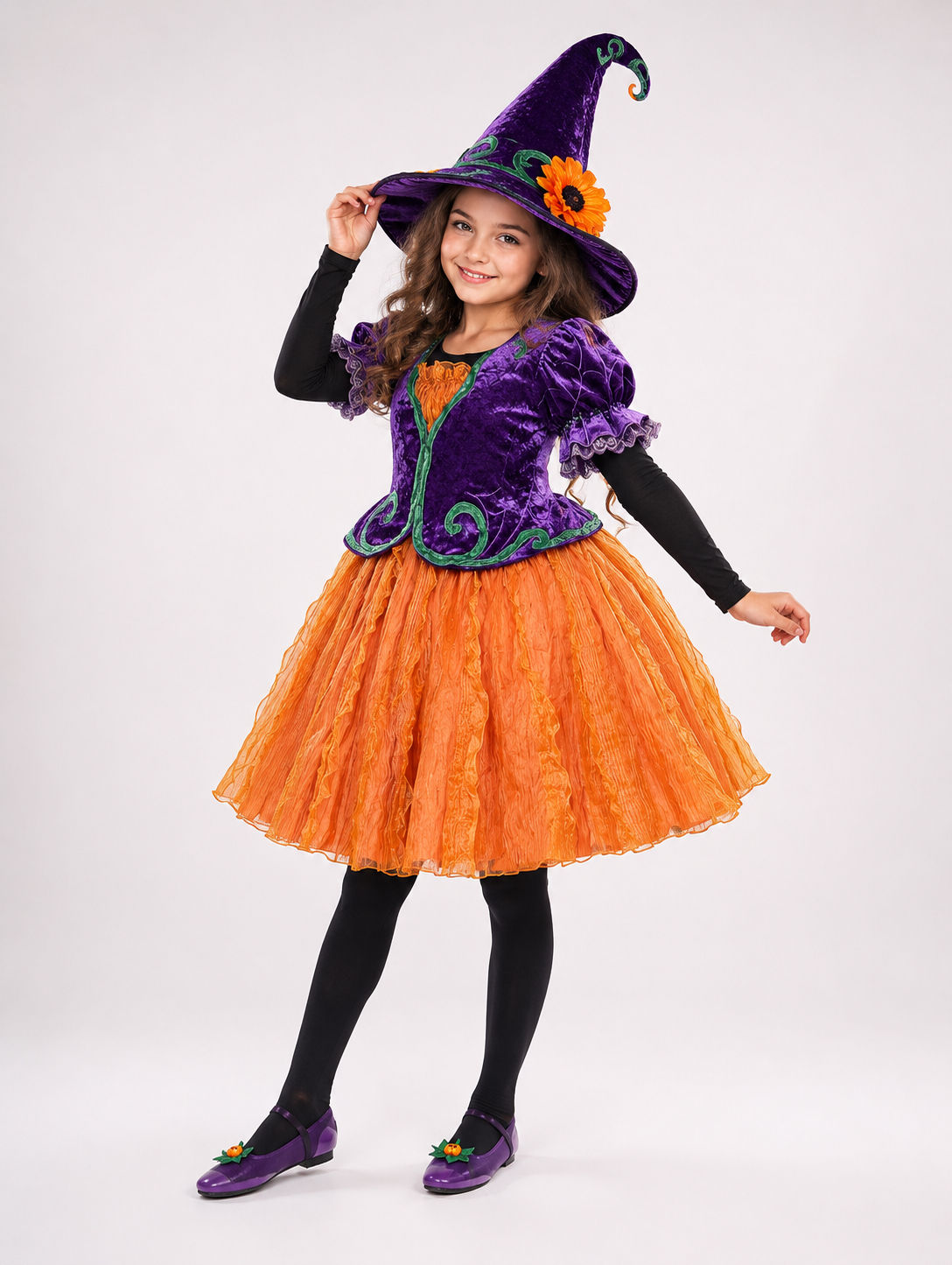 Kids Pumpkin Witch Costume – Purple Velvet Jacket & Orange Skirt Halloween Outfi