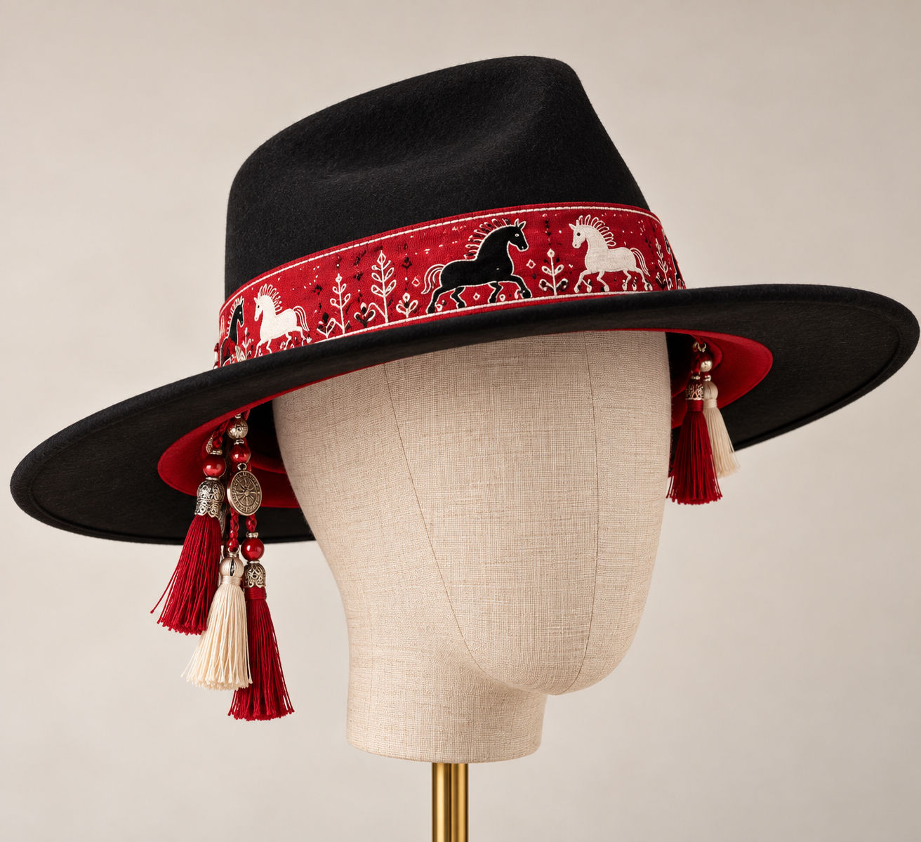 Mezen Horse Black Boho Hat – Embroidered Wide Brim Felt Hat