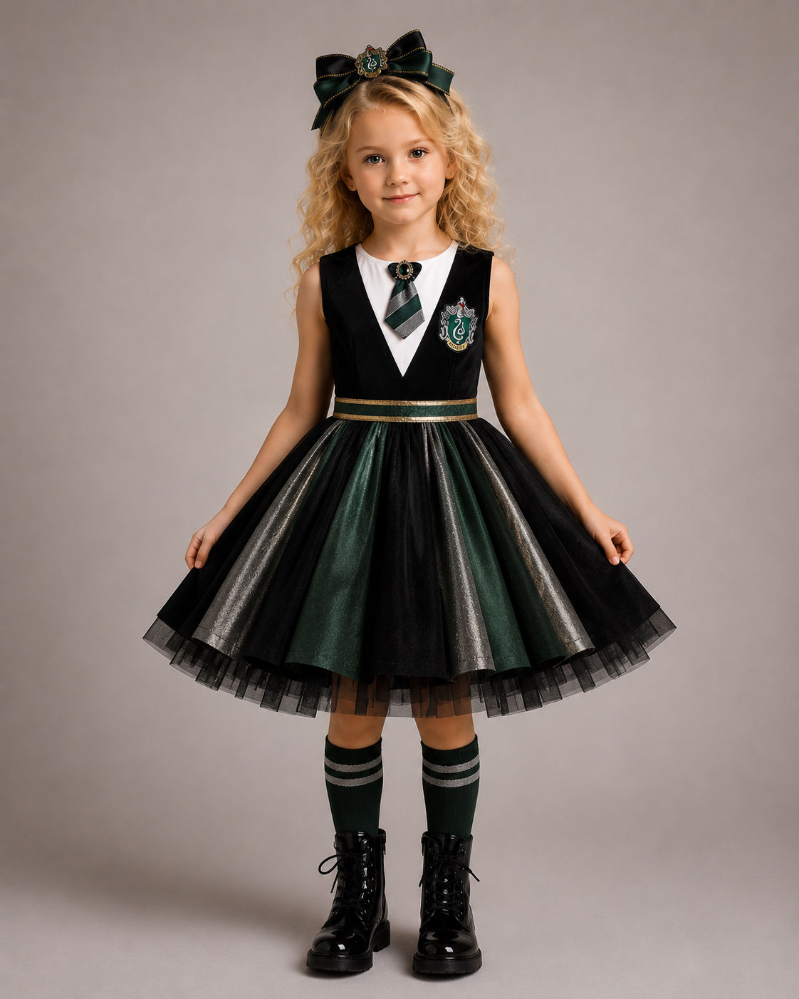 Slytherin Inspired Holiday Dress for Girls – Harry Potter Christmas Party Costum