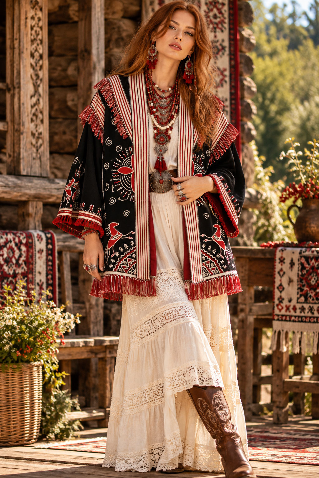 Mezen Horse Boho Jacket – Red & Black Embroidered Fringe Jacket