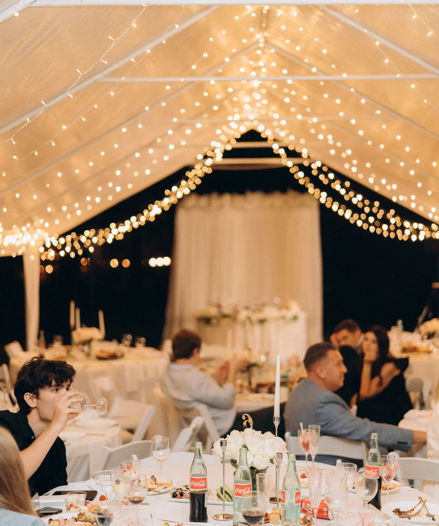 Reception under a canopy of string lights
