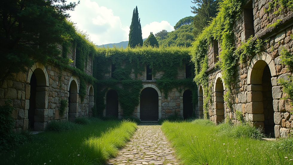 Wide angle view of an ancient stone structure overgrown with greenery