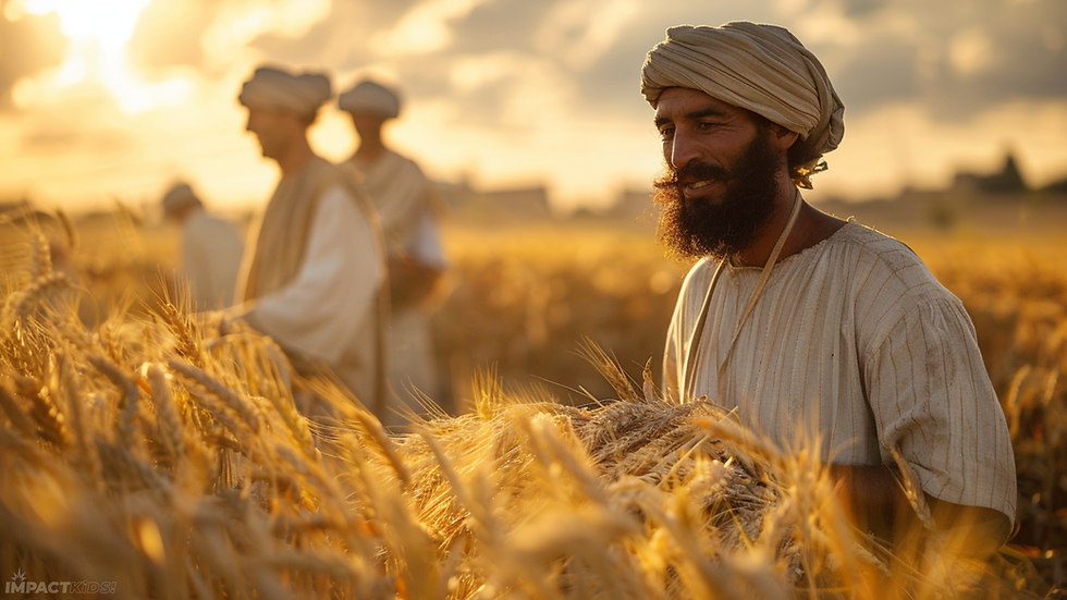 Thumbnail: Workers in ancient Israel work to harvest wheat in a field