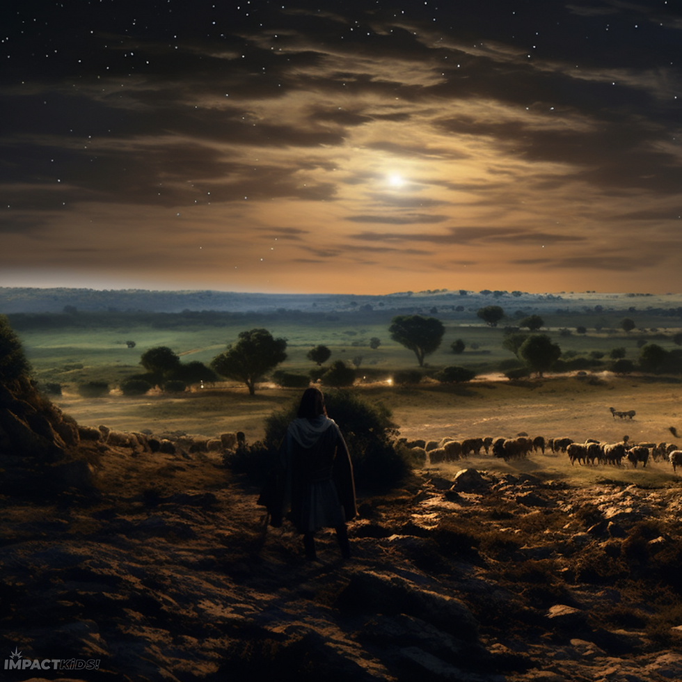 Thumbnail: Nighttime in the countryside of ancient Israel. The silhouette of a shepherd watching over his flock of sheep