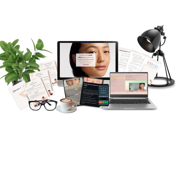 Mockup du Guide Ultime – Activateur du Visage de Solène Miché, programme de gymnastique faciale incluant vidéos, fiches imprimables et conseils personnalisés pour activer et tonifier le visage naturellement.