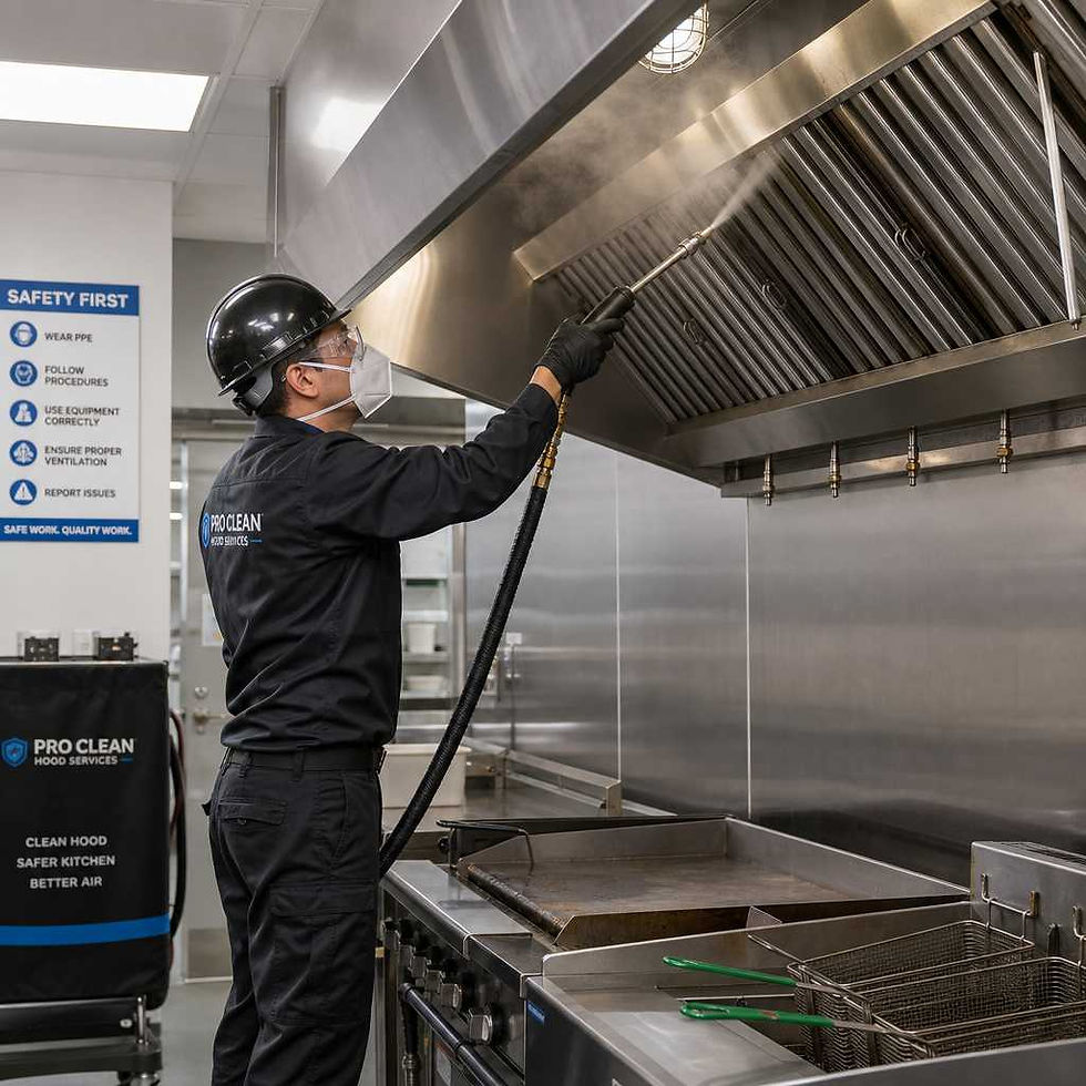 Technician performing professional hood cleaning and maintenance in a commercial kitchen