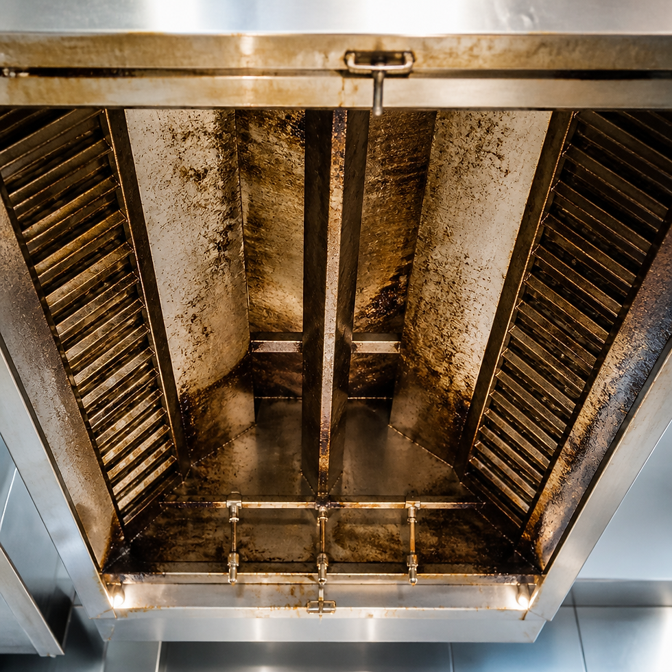 Restaurant kitchen hood showing grease accumulation on ventilation surfaces