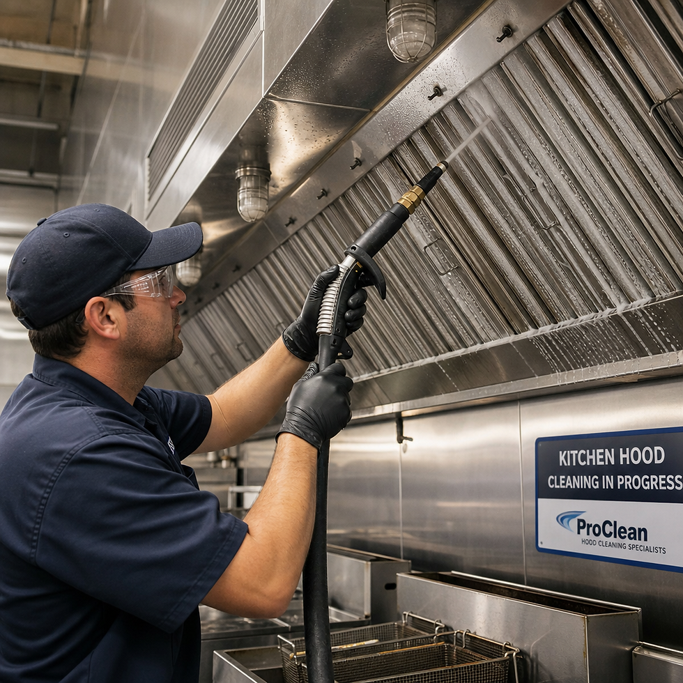 Technician cleaning commercial kitchen hood canopy and filters