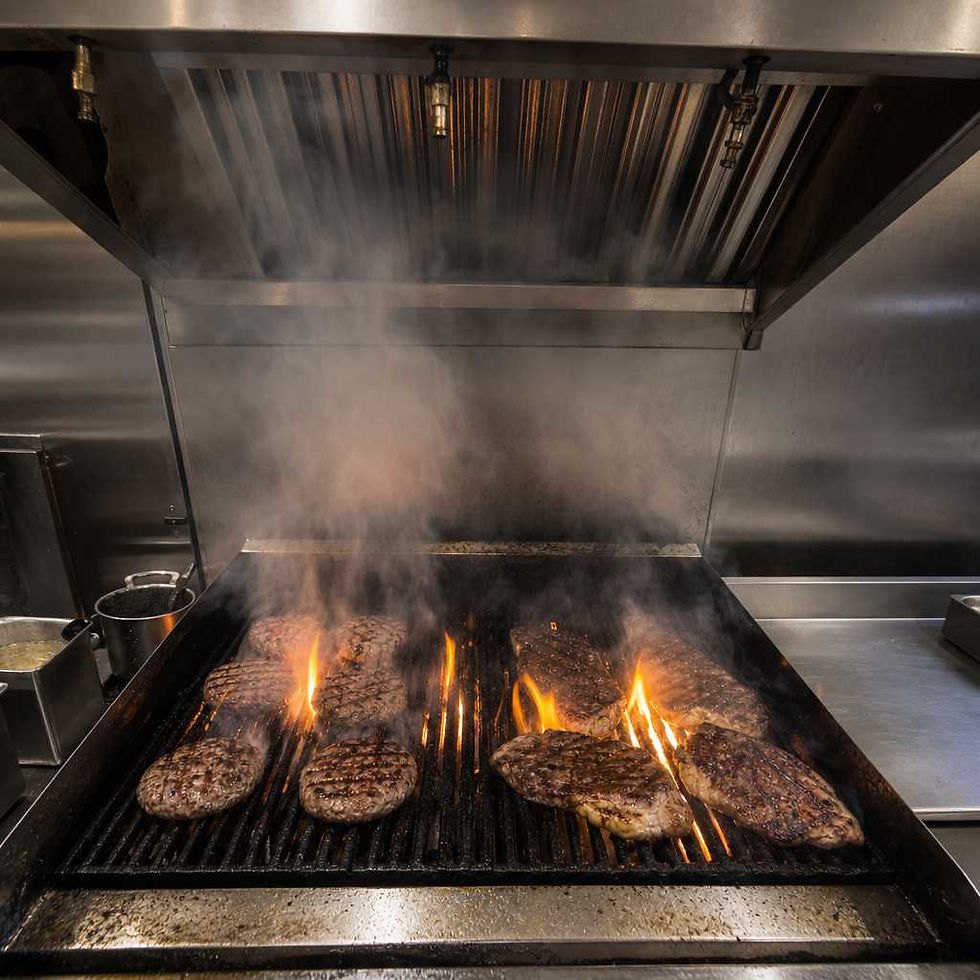 High-heat charbroiler cooking with heavy smoke and grease vapors rising into exhaust hood