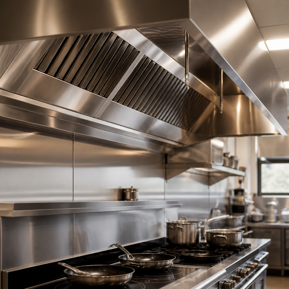 Clean stainless steel commercial kitchen hood above a restaurant cooking line, illustrating commercial hood cleaning FAQ Connecticut.
