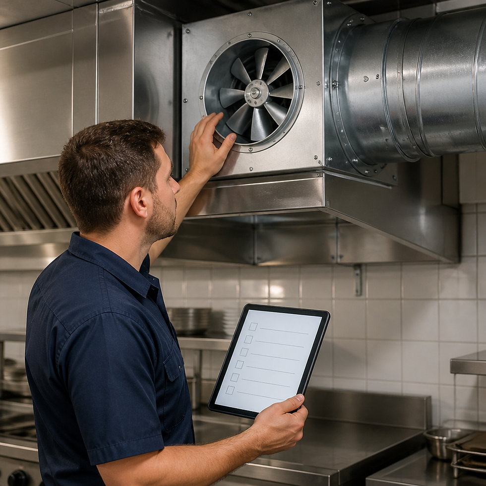 Technician reviewing a commercial kitchen exhaust fan and ductwork during a hood maintenance inspection.