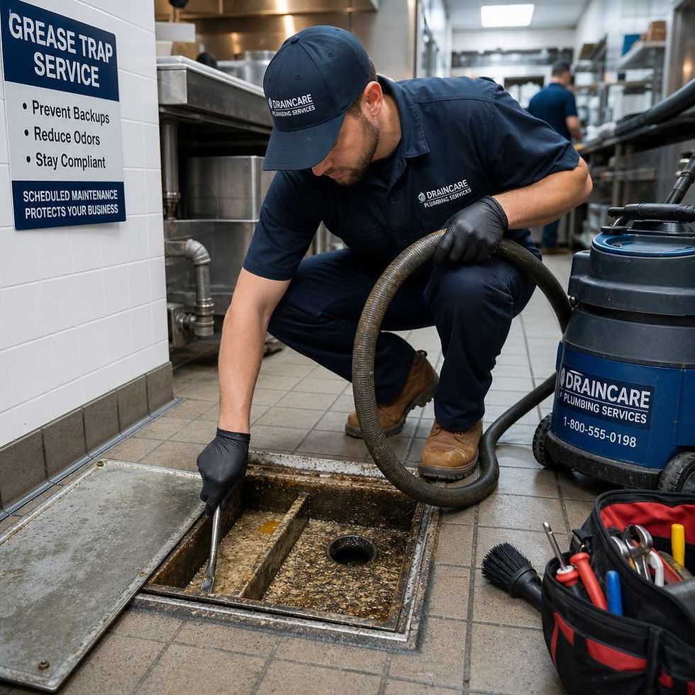 Technician performing grease trap maintenance service in restaurant kitchen