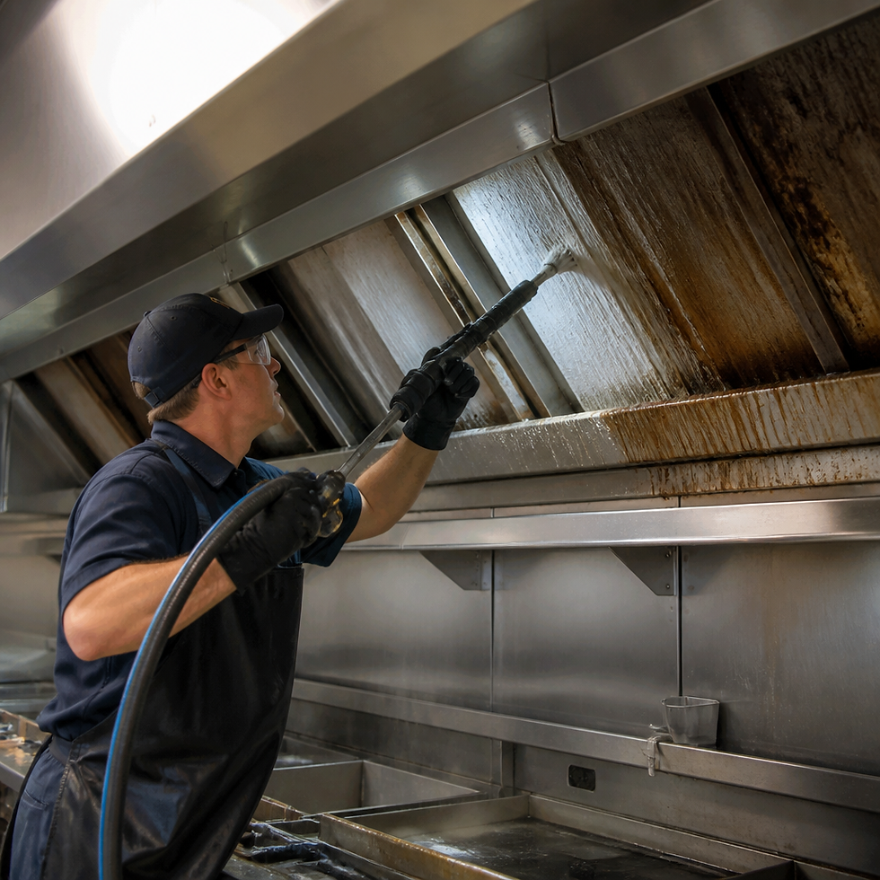 Professional technician performing NFPA 96 compliant exhaust hood cleaning service in commercial kitchen