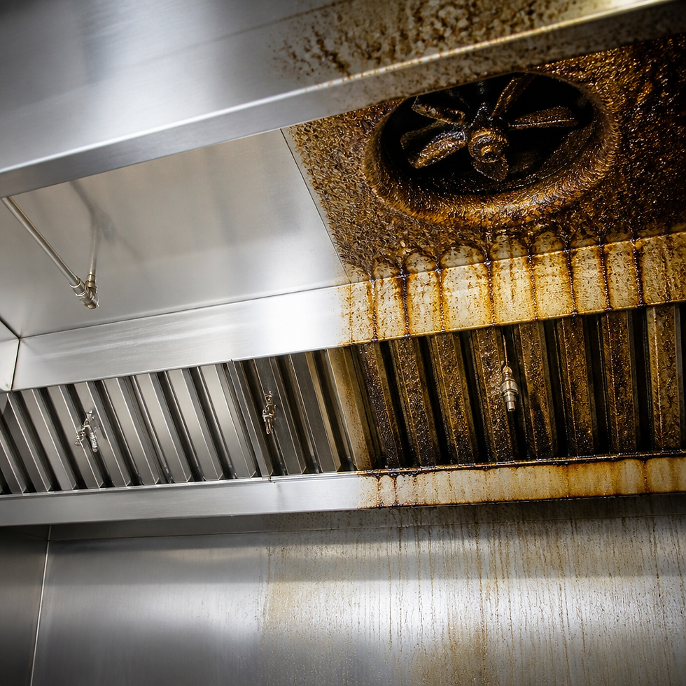 Commercial kitchen exhaust hood with grease buildup on interior surfaces and fan blades showing need for professional cleaning