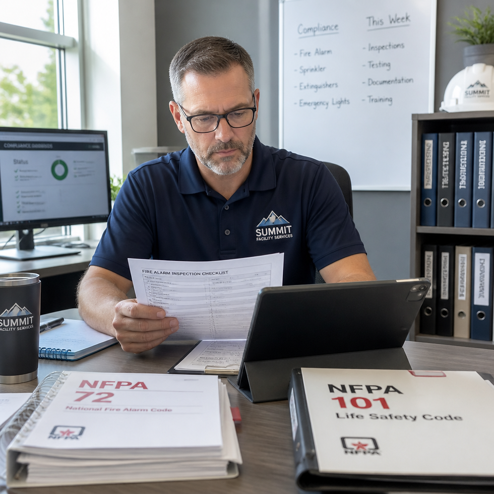 Facility manager reviewing hood cleaning compliance documentation and inspection records at desk