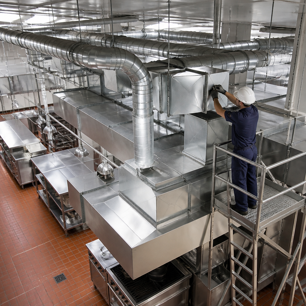 Large commercial kitchen exhaust duct system in institutional setting requiring specialized maintenance