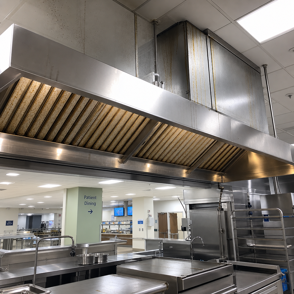 Close-up of hospital kitchen hood showing grease buildup on industrial ventilation system