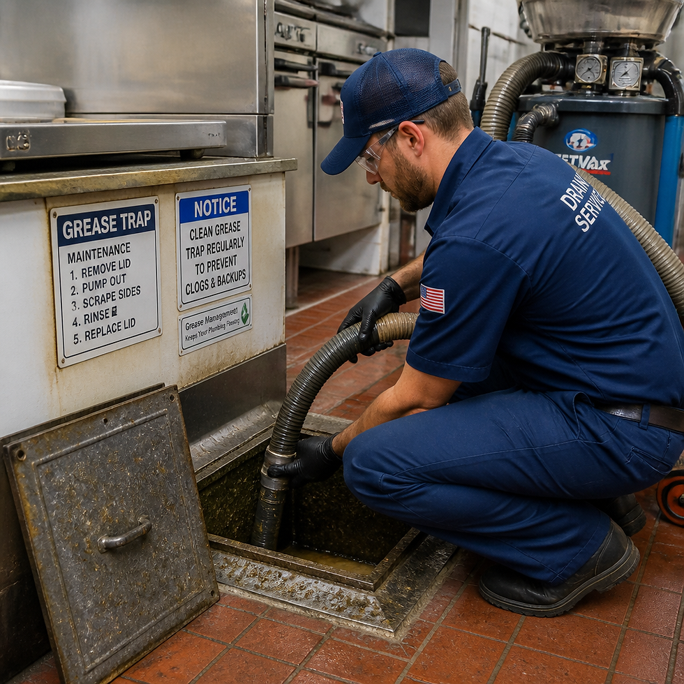 Professional service technician performing grease trap maintenance and cleaning work