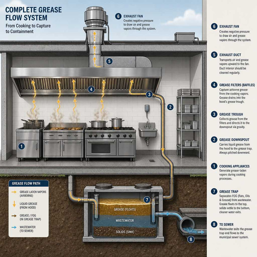 Diagram showing grease flow pathway from stove through hood to underground grease trap