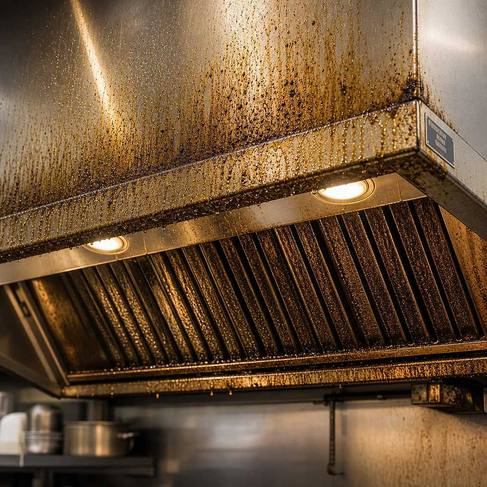 Grease buildup on restaurant exhaust hood filter and exterior surfaces