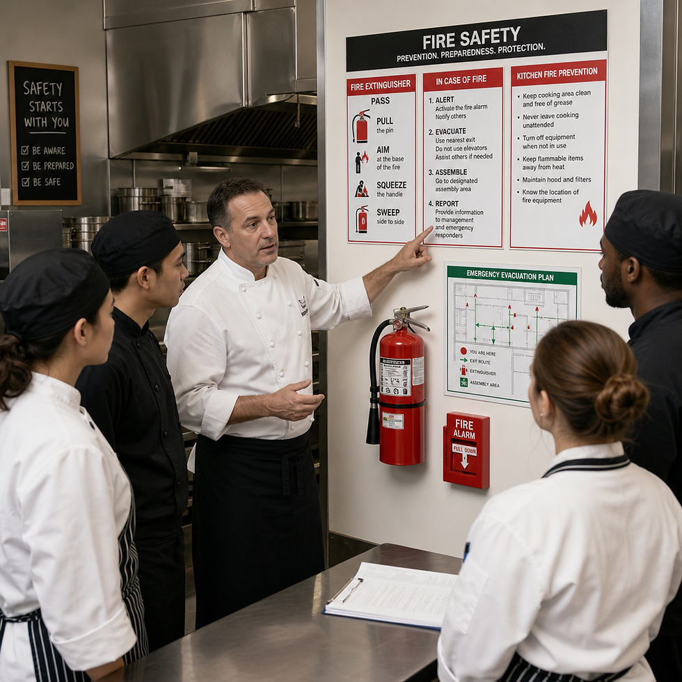 Restaurant manager conducting kitchen safety training with staff reviewing fire prevention procedures and equipment