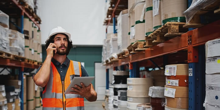 man in warehouse talking on his cell phone