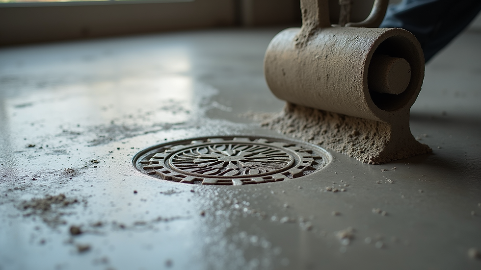 Close-up view of concrete being stamped with decorative pattern