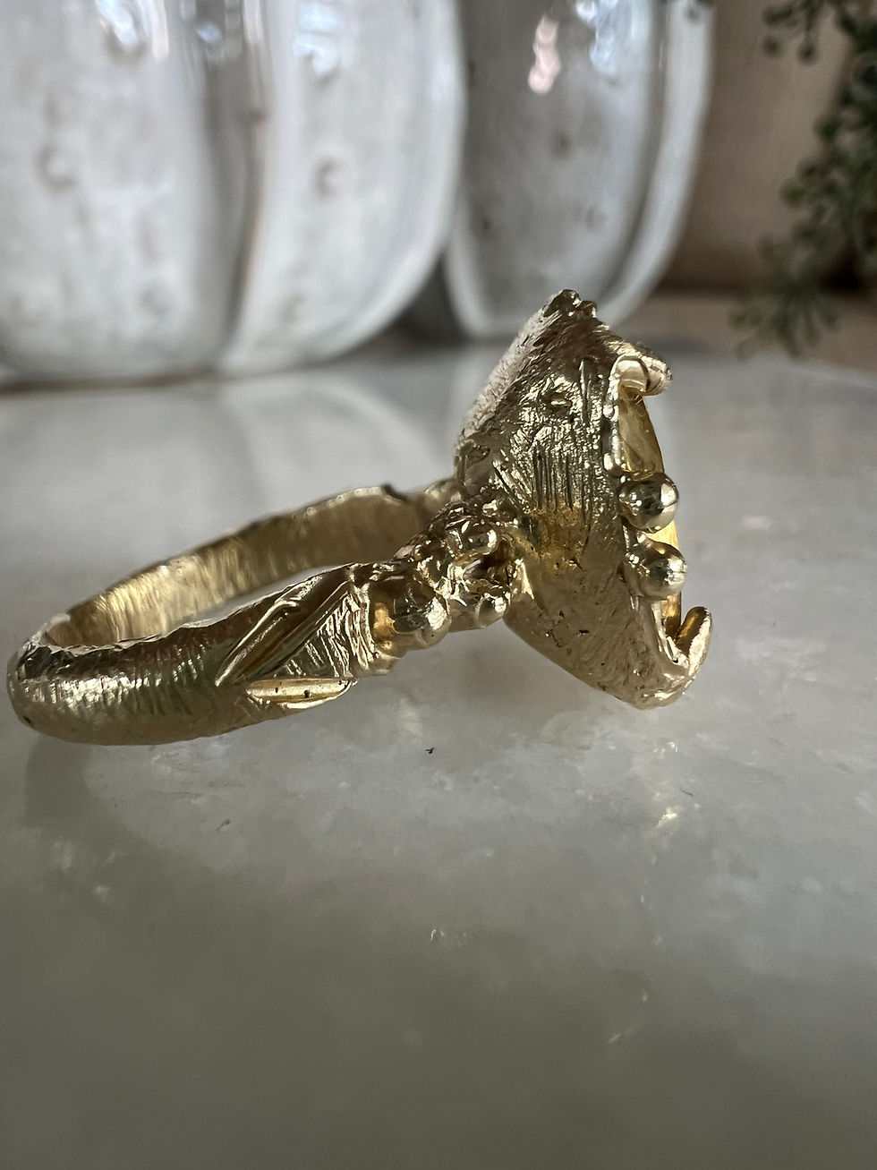 Thumbnail: Handmade 9ct gold ring with heliodor gemstone and handcarved female torso by Jewel Sisters.