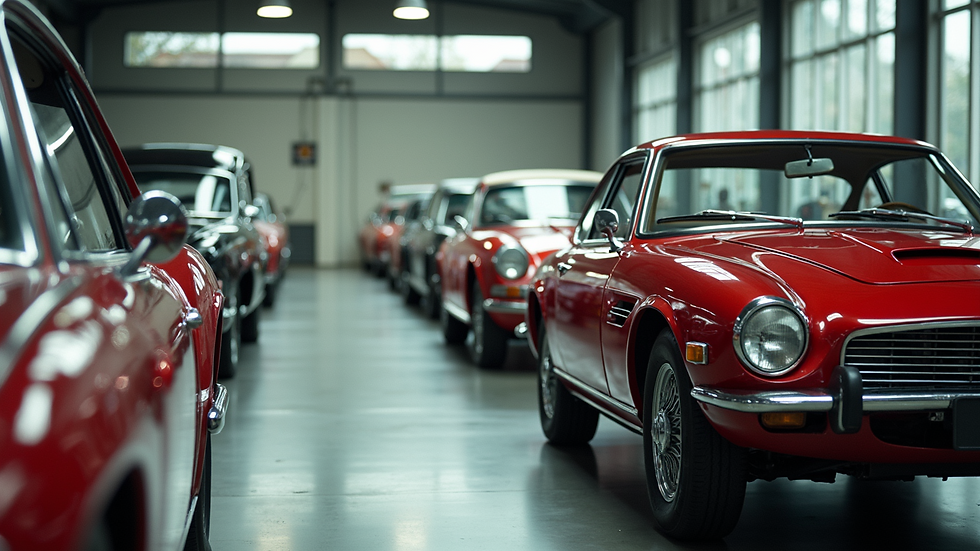 High angle view of a classic car showroom with multiple vintage cars