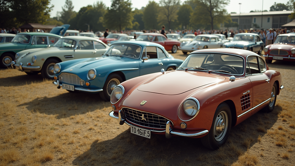 High angle view of a classic car show with various vintage automobiles