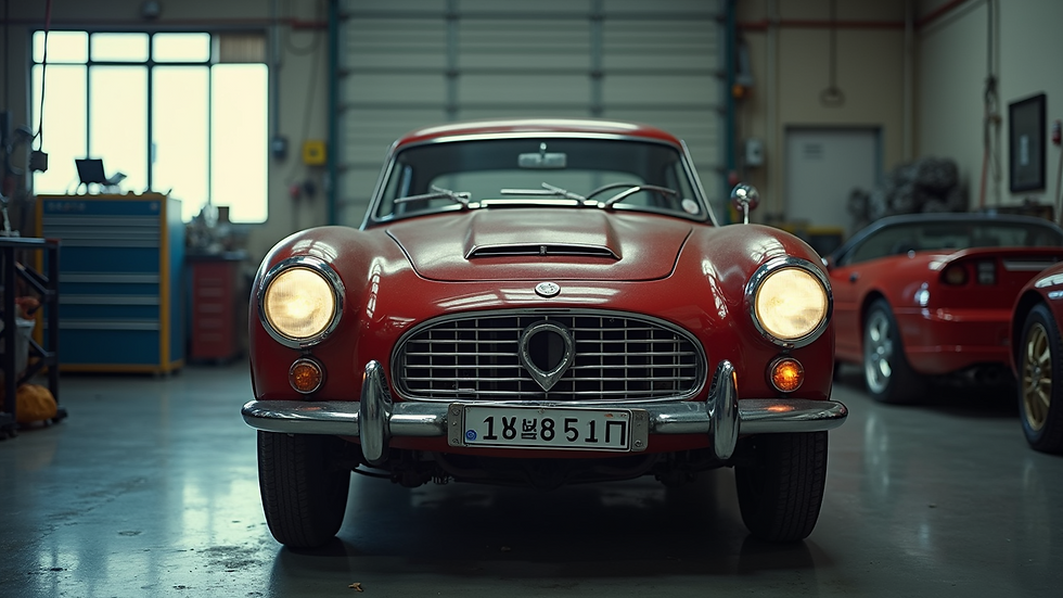 High angle view of a classic car being professionally restored in a workshop