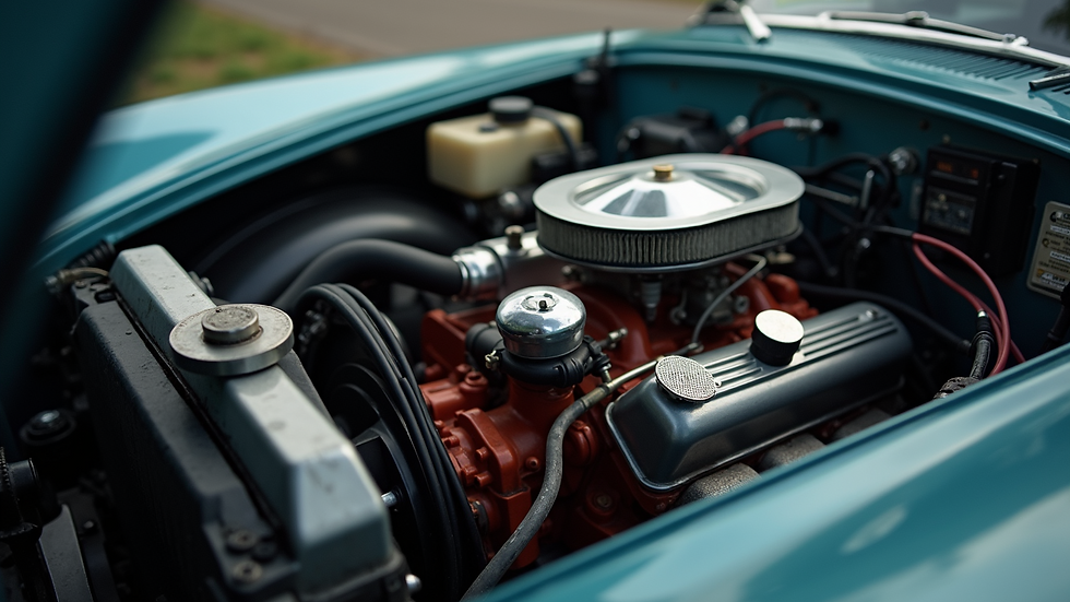 Close-up view of a classic car engine being examined
