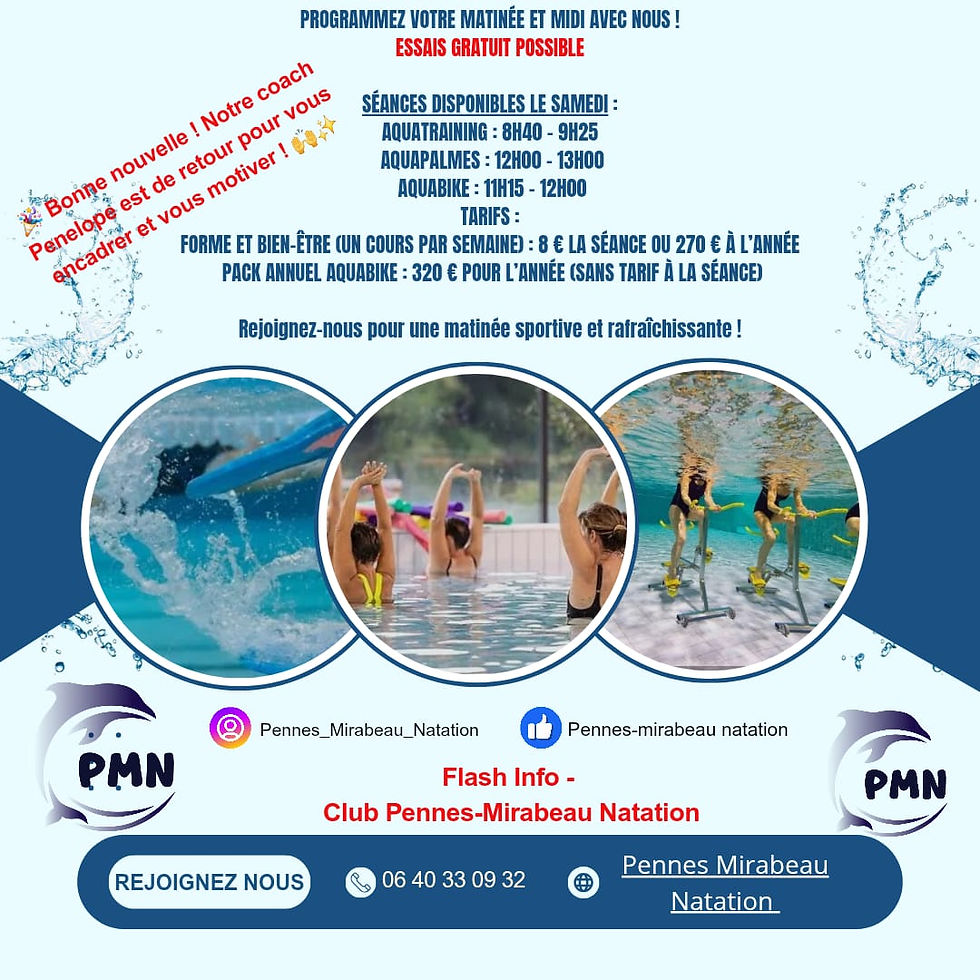 Cours aquapalmes, aqyatrainkng ou aquebike le samedi