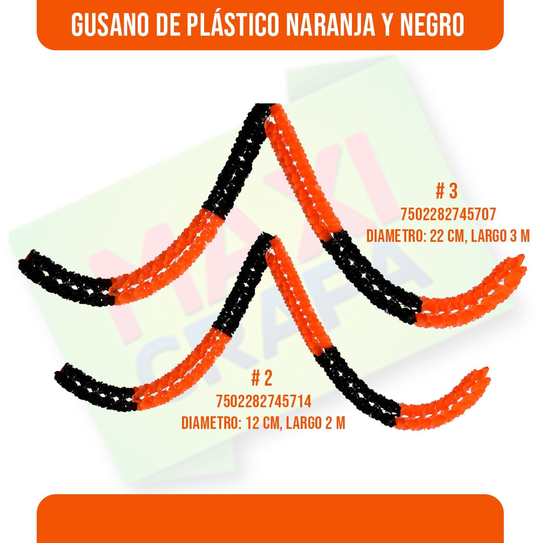 Gusano de plástico naranja y negro