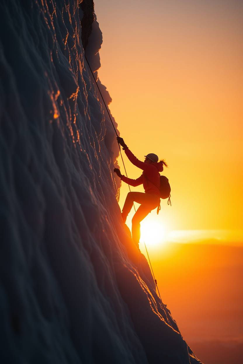 High-resolution stock photo, ice climbing during warm golden hour light, showcasing a smoo