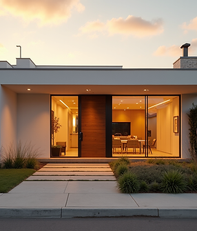 A warm, inviting architectural exterior of a modern Los Angeles home bathed in soft, golde