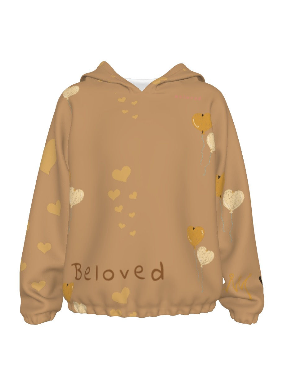 Beige hoodie with Beloved text and yellow hearts, Beloved Kid’s Borg Fleece Sweatshirt With Ear.