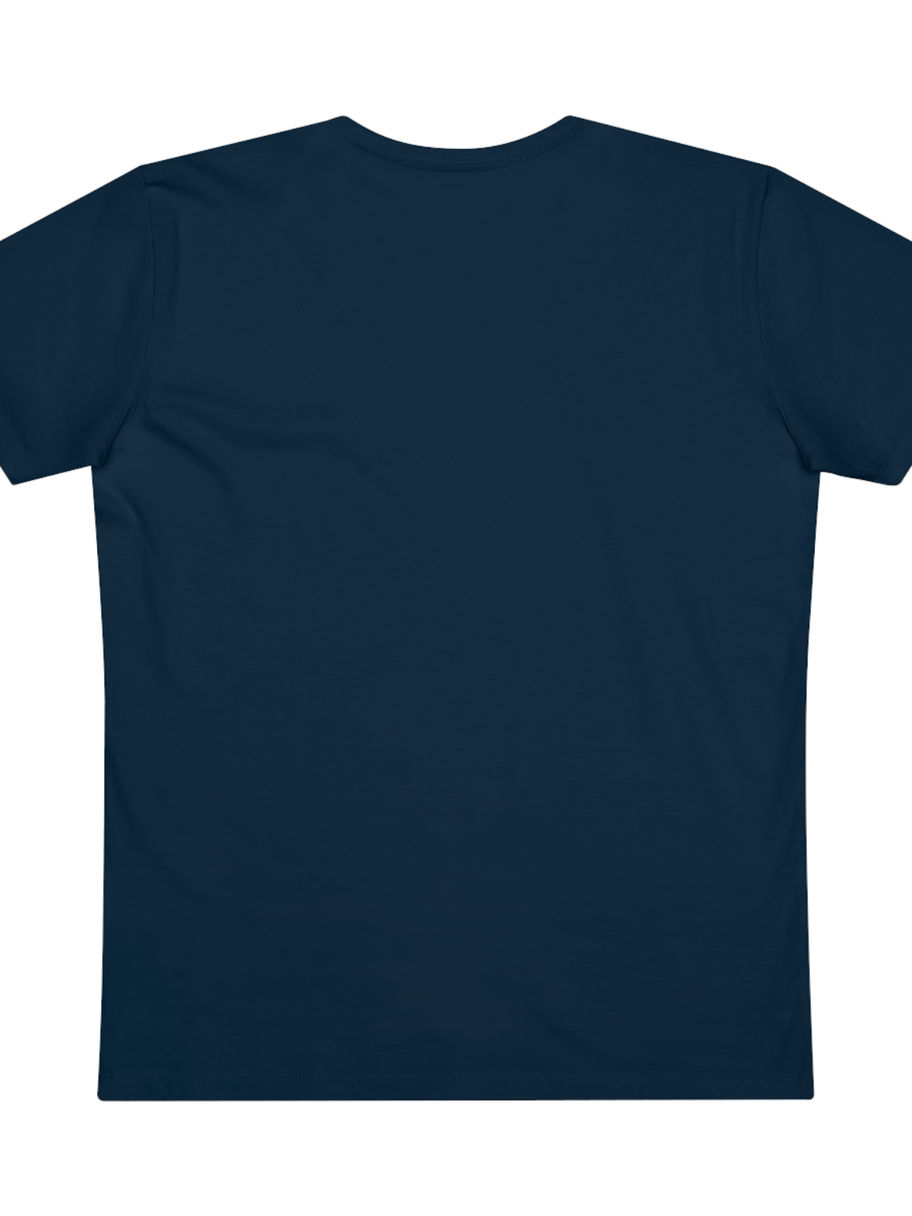 Navy blue t-shirt on a white background, plain clothing item.