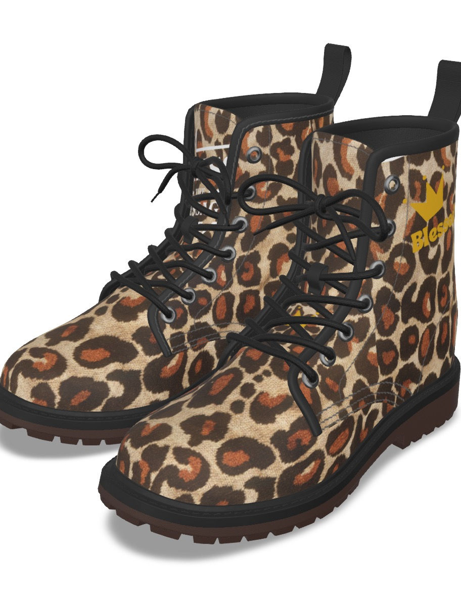 Leopard print boots, black laces, yellow logo, Blessed  Boots, stylish footwear, brown and tan.