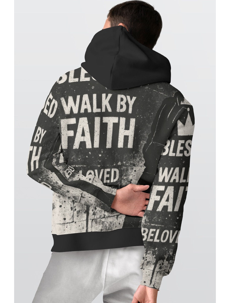 Person wearing Walk by faith - Pullover Hoodie, faith-based design.
