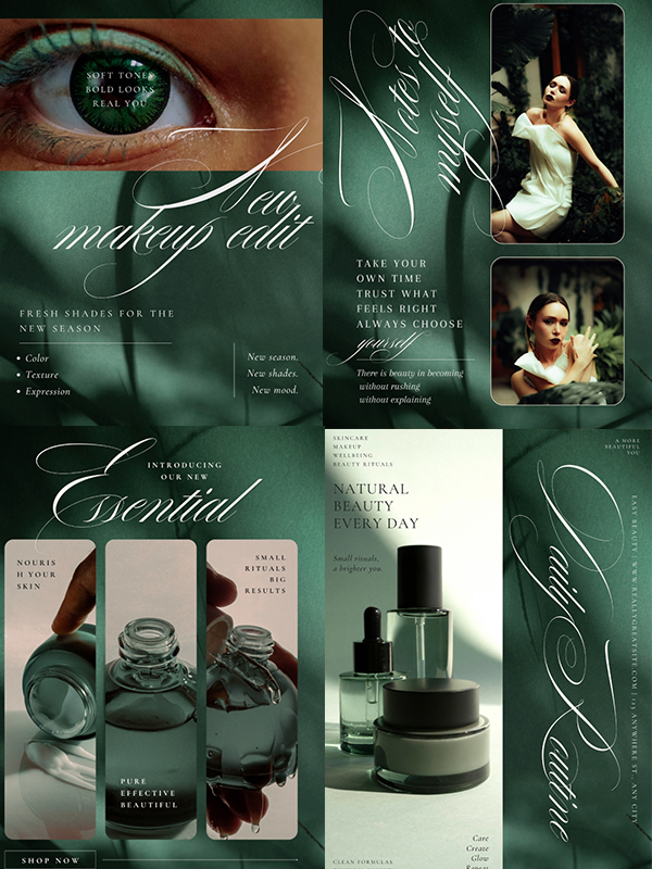 Sophisticated Emerald Green — Emerald green editorial luxury Canva templates for beauty brands and social media.