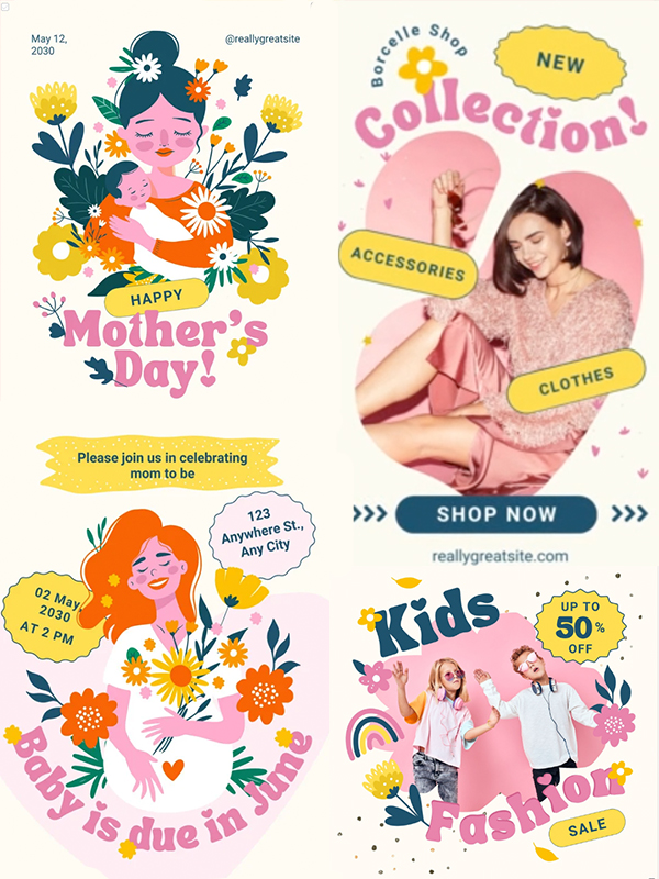 Retro Pop Floral — Playful pink and yellow floral posts, invites, cards and tees