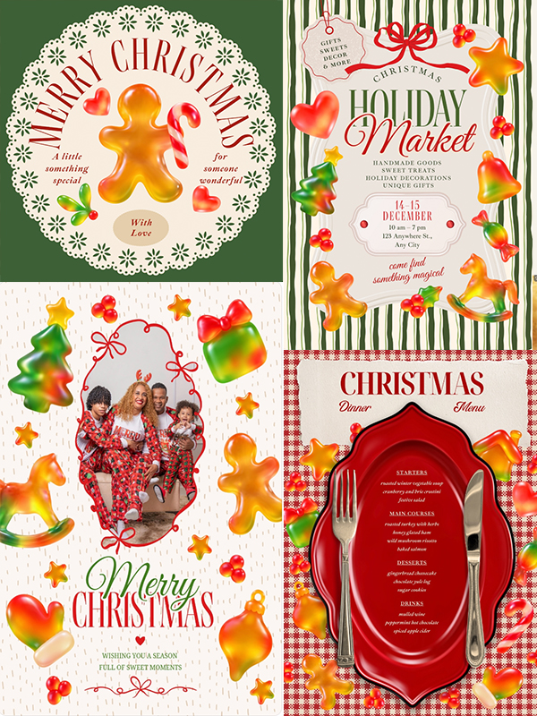Sweet Gummy Christmas — Sweet gummy Christmas Canva templates: invitations, gift tags, labels, posters and posts.