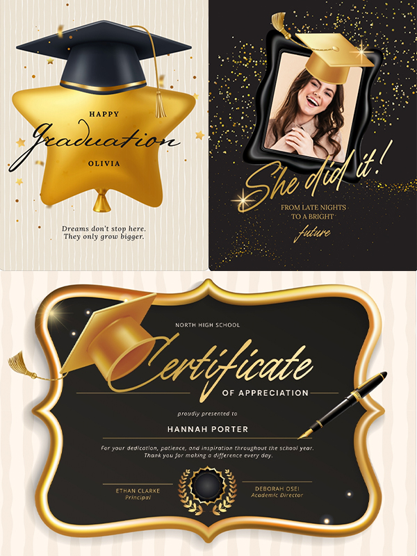 Graduation & Prom — Black and gold graduation invitations, prom tickets and posts