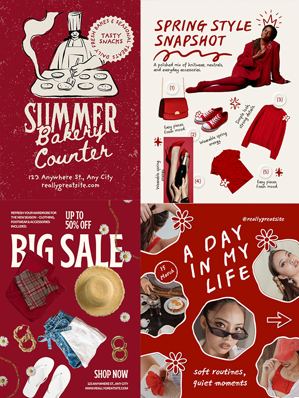 Artsy Red — Bold red Canva templates with artsy collage, doodle and retro details