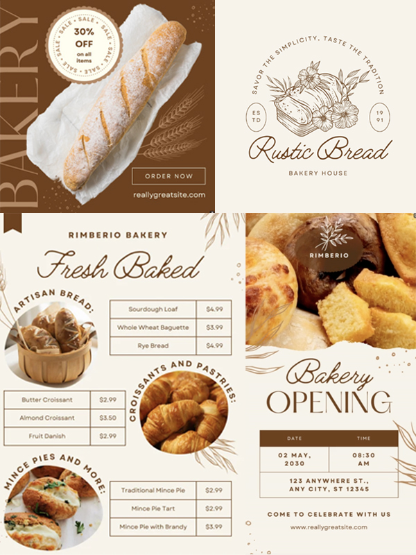 Bakery Shop & Cafe Branding Templates — Warm bakery and cafe branding templates with rustic homemade charm.