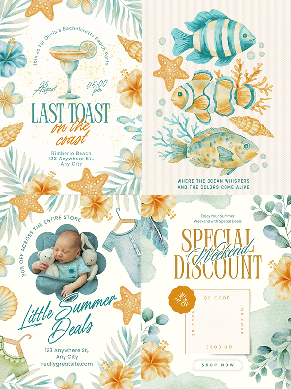 Watercolor Summer & Coastal — Watercolor summer and coastal Canva templates: beach party invitations, seashell logos, nautical posters, summer sale posts and more.